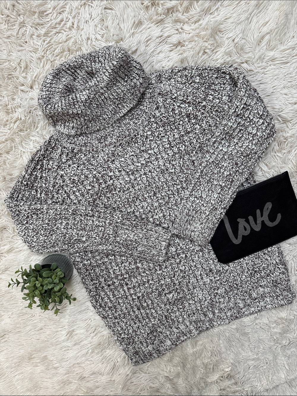 Skies Are Blue Marled Knit Cowl Neck Sweater 💗 White & Brown